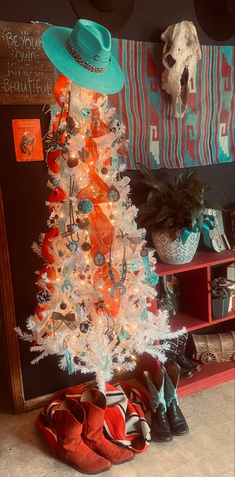 Western Cactus Christmas Tree, Turquoise Western Christmas Tree, Small Western Christmas Tree, Modern Western Christmas Decor, Cactus Tree Christmas, Western Christmas Room Decor, Cowgirl Christmas Aesthetic, Southwestern Christmas Tree, Yellowstone Christmas Tree