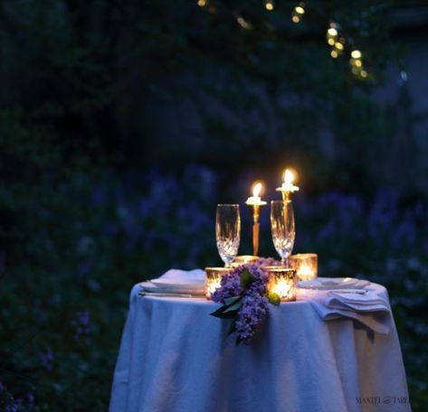 An Outdoor Candlelight Dinner to Celebrate Spring ~ Mantel and Table Candle Light Dinner At Home, Outdoor Candlelight Dinner, Candle Light Dinner Romantic Couple, Candle Light Dinner Ideas, Candlelight Dinner Table, Outdoor Dinner Table, Spring Mantel, Romantic Table Setting, Crystal Champagne Flutes