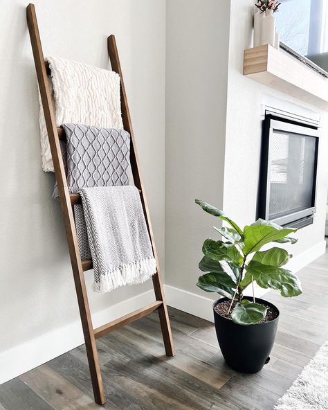 Modern farmhouse decor with neutral throw blankets Blanket Latter Living Rooms, Bedroom Blanket Ladder, Ladder For Blankets Living Rooms, Large Blanket Ladder, Decorative Blanket Ladder, Ladder Blanket Decor, Blanket Ladder Decor Living Room, Ladder Decor Living Room, Ladder Shelf Decor Living Room