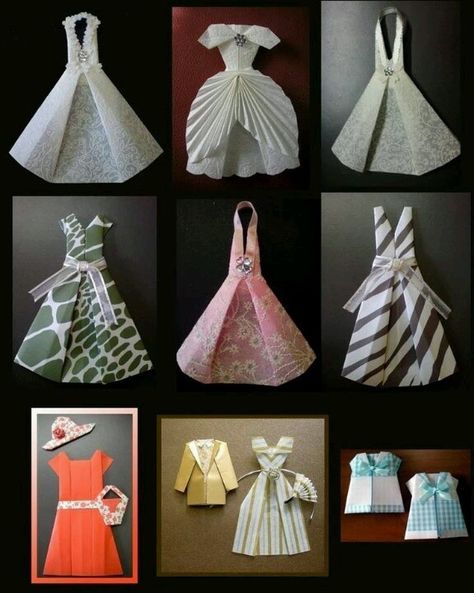 Origami Clothing, Origami Clothes, Paper Dress Patterns, Paper Dresses, Origami Dress, Paper Clothes, Origami And Kirigami, Dress Card, Folding Origami