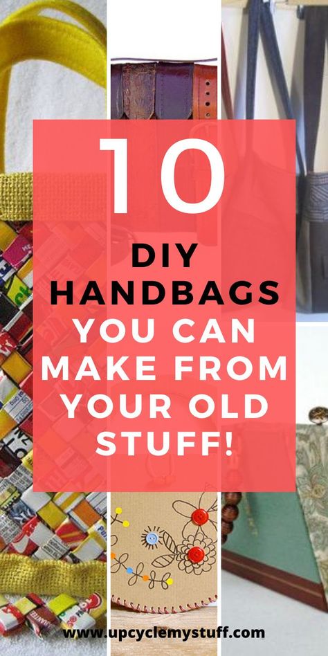 10 brilliant upcycling ideas for making your own bags from old unwanted junk you already have lying around your home.  From old jeans to old books, and even candy wrappers.  You can make your own bags out of almost anything!  With tutorials and links to step by step instructions you can get started on your next project right away! What will you make?  #sewingprojects #diybag #bagmaking Upcycling, Diy Bags From Old Clothes, Recycled Purse, Diy Handbags, Upcycled Handbag, Upcycled Bags, Upcycled Purse, Upcycled Tote, Handbag Ideas