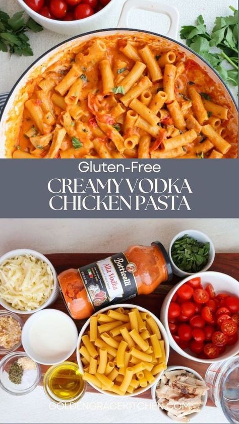 This One Pan Creamy Chicken Vodka Pasta with fresh basil and mozzarella will become your family's new go-to meal. This easy recipe is a true one-pan meal that comes together in under 30 minutes. Everything gets cooked in one pan together with the pasta. This chicken vodka pasta is gluten-free and loved by everyone, even toddlers. The easy pasta recipe is super simple and makes enough for a large family or leftovers. Chicken Vodka Pasta, One Pan Creamy Chicken, Vodka Sauce Pasta, Cheesy Chicken Pasta, Easy Pasta Recipe, Vodka Pasta, Comfort Casseroles, Creamy Chicken Pasta, Gluten Free Pasta