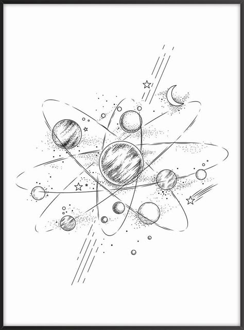 Planet System Tattoo, Solar System Hip Tattoo, Planets Tattoo Solar System, Planet Sketches Solar System, Planets Line Art, Space Line Drawing, Cool Space Drawings, Solar System Sketch, Computer Illustration Design