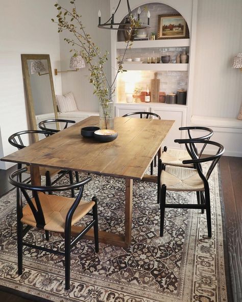 Machine Washable Rugs on Instagram: “This room. 😍👏 (via @lovenida__) Rug: Alessia Dark Wood” Light Wood Dining Table Dark Floors, Dining Room Ruggable, Neutral Rug Dining Room, Under Dining Table Rug, Dining Table Rug Ideas, Dark Wood Rug, Rug Under Kitchen Table, Rug Under Dining Table, Wood Rug