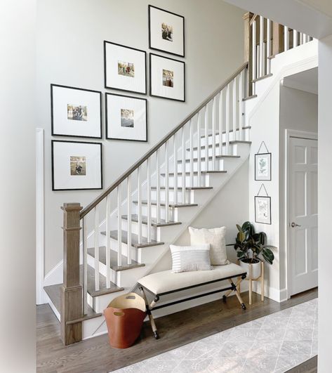 Entryway Stair Wall Decor, Hanging Pictures Along Staircase, Large Photos On Staircase Wall, Stair Wall In Living Room, Stairs Wall Picture Ideas, Square Photos Up Staircase, Stairway Canvas Gallery Wall, Decor On Staircase Wall, Under Staircase Wall Decor