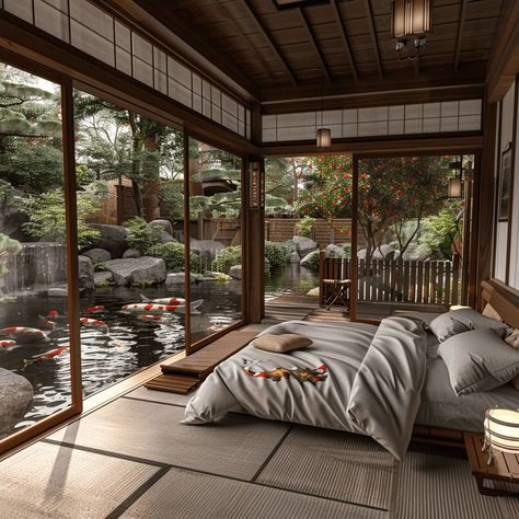 Zen Den: Japanese Style Bedroom Design with Koi Pond View Traditional Japanese House Interiors, Modern Zen Bedroom, Bedroom Furniture Placement, Japanese Style Bedroom, Tatami Bed, Restful Bedrooms, Japanese Bedroom, Tatami Room, Japanese Home Design