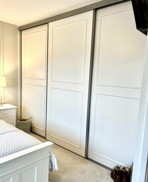 Woman transforms her tired wardrobe into a Instagram-worthy closet using just B&Q bargains Molding On Closet Doors, Painted Sliding Wardrobe Doors, Ceiling Height Closet Doors, Sliding Wardrobe Makeover, Sliding Door Wardrobe Makeover, Sliding Wardrobe Doors Makeover, Closet With Doors Ideas, Wall Length Closet, B&q Wardrobes