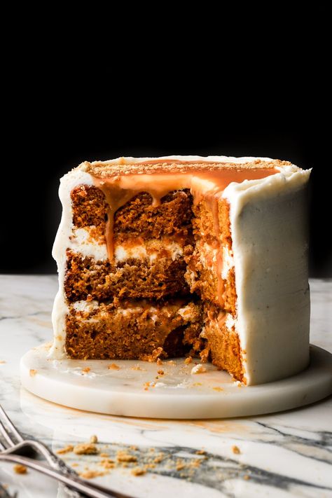 Pumpkin Cake with Cream Cheese Frosting Pumpkin Cake With Cream Cheese, Homemade Salted Caramel, Stunning Cakes, Semolina Cake, Pumpkin Cake Recipes, Cake With Cream Cheese Frosting, Cake Layers, Salted Caramel Sauce, Pumpkin Caramel