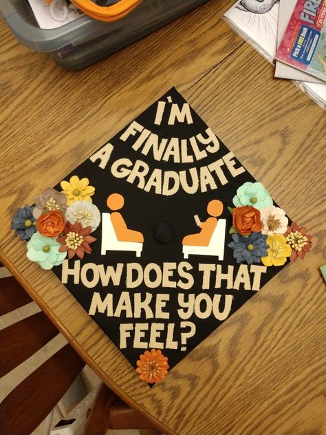 Made this cap for my cousin, shes graduating next week with her master's degree in counseling! So proud! I'm finally a graduate! How does that make you feel? #counseling #graduationcap #graduation #counselinggradcap #Imfinallyagraduate #howdoestharmakeyoufeel Counseling Cap Ideas, Cap Ideas For Graduation Social Work, Bs Degree Graduation Cap, Graduation Masters Cap Designs, Masters Degree Counseling, Masters Degree Graduation Cap Therapist, Graduate School Cap Ideas, School Counselor Graduation Pictures, Graduation Caps For Social Work