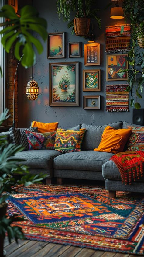 Cozy Spanish Living Room, Bohemian Chic Interior Design, Cozy Eclectic Home Living Room, Bold Boho Living Room, Global Decor Living Room, Colorful Boho Living Room Inspiration, Boho Lounge Room Ideas, Jewel Tone Living Room Bohemian, Bohemian Living Room Decor Boho Chic