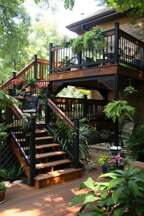 Two Tier Deck Ideas: Elevate Your Outdoor Space Decks On A Hill, Two Level Patio Ideas, Double Deck Ideas Backyards, Two Layer Deck Ideas, Deck With Stairs To Backyard, Deck With Two Sets Of Stairs, Tiered Deck With Pool, Deck And Stairs Ideas, Farmhouse Back Deck Ideas