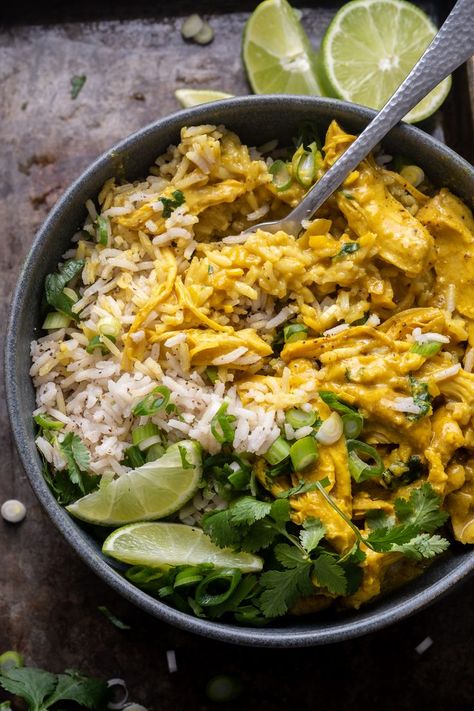 This Creamy Turmeric Chicken is simmered in a fragrant coconut milk curry sauce until fall-apart tender and served over fluffy black pepper rice. Healthy and nourishing, this recipe is perfect for a cozy winter dinner and easy to reheat throughout the week.