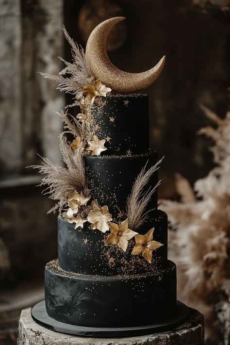 Celestial Black Wedding Cake Celestial Wedding Cake, Gothic Wedding Cake, Night Sky Wedding, Celestial Wedding Theme, Gothic Cake, Starry Wedding, Black And Gold Cake, Starry Night Wedding, Shoot For The Stars