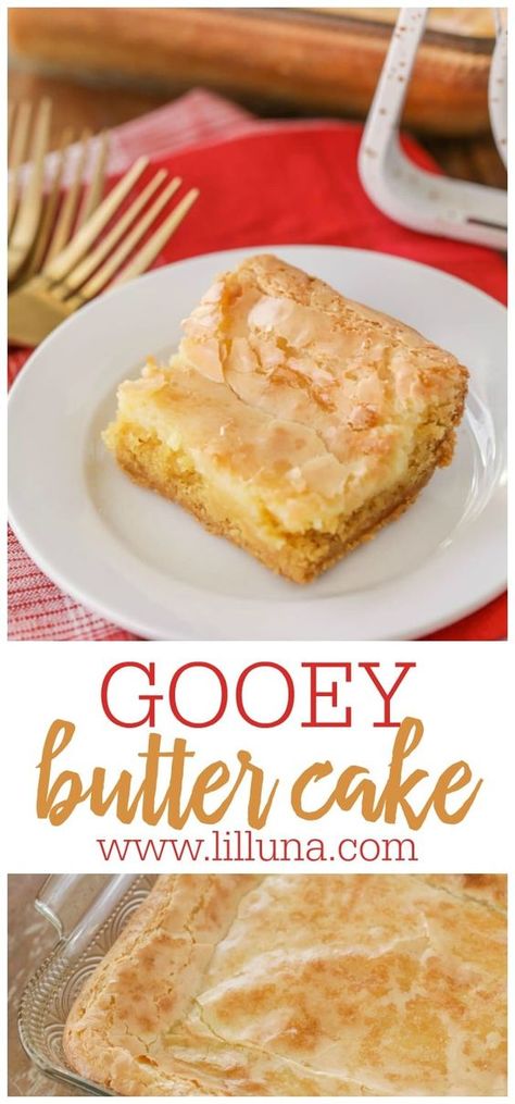 Gooey butter cake is a simple and amazingly delicious dessert with a cake batter crust and soft, gooey cream cheese top that makes it addicting! #gooeybuttercake #butter #cake #desserts #treats Gooey Butter Cake With Cream Cheese, Butter Cake Gooey Paula Deen, Holiday Gooey Butter Cake, At Louis Gooey Butter Cake, Philadelphia Gooey Butter Cake, Obey Gooey Butter Cake, Oey Goey Butter Cake Recipe Paula Dean, Paula Deems Poet Gooey Butter Cake, Butter Gooey Cake Recipe