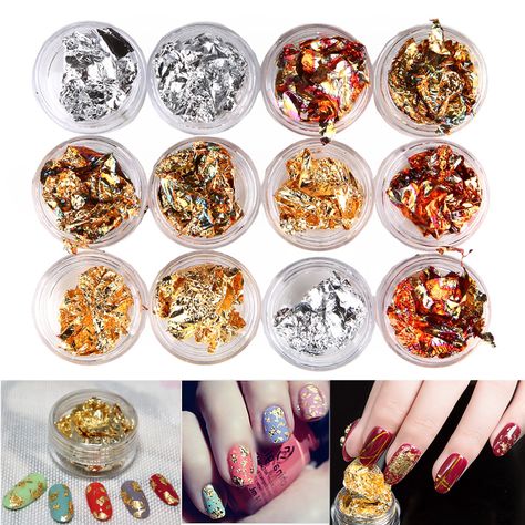 12 Pot/Set Nail Art Gold Silver Paillette Flake Chip Foil Kit Acrylic Gel Polish Tips 3D DIY Design Image Transfer Sticker Decal-in Stickers & Decals from Beauty & Health on Aliexpress.com | Alibaba Group Nail Art Gold, Nail Art Paillette, Silver Metal Wall Art, Gold Metal Wall Art, Pumpkin Nail Art, Silver Nail Art, Paper Decoration, Pumpkin Nails, Lines On Nails