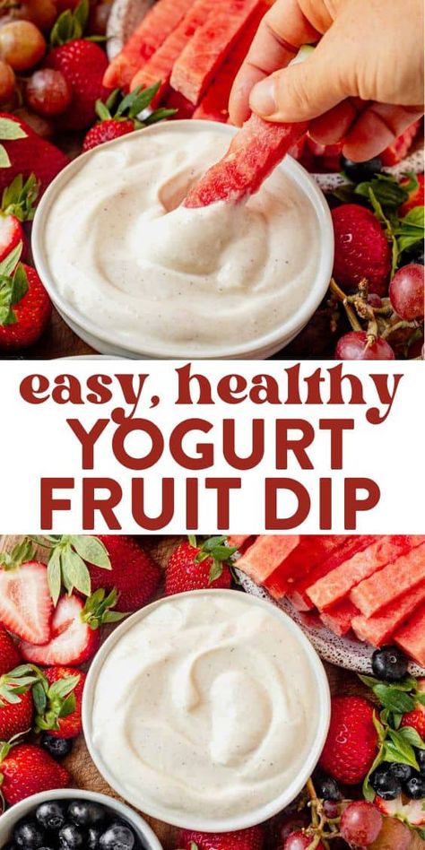 This easy yogurt fruit dip recipe makes the perfect snack or healthy dessert. Add just 4 ingredients to a bowl, give it a good stir, and you're ready to serve it with your favorite fresh fruits! Make it with plain Greek yogurt or vanilla yogurt. White Fruit Dip, Fruit Dips Healthy, Healthy Dessert Dips Greek Yogurt, Vanilla Yogurt Fruit Dip, Vanilla Greek Yogurt Recipes Desserts, Healthy Homemade Dips, Healthy Fruit Dip Clean Eating, Yogurt Fruit Dip Recipe 3 Ingredients, Greek Yogurt Fruit Dip Healthy