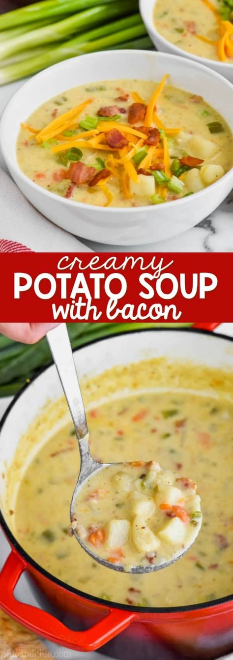 This Creamy Potato Soup with Bacon is the perfect winter soup.  Made with simple ingredients, this soup is the definition of comfort food. Best Potato Bacon Soup Recipe, Potato Soup Chowder, Homemade Potato Bacon Soup, Best Potato Bacon Soup, Potatoes Bacon Soup, Easy Pototato Soup Recipe, Potato Bacon Soup Stove Top, Home Made Potato Soup Recipes, Potatoe Bacon Soup Easy