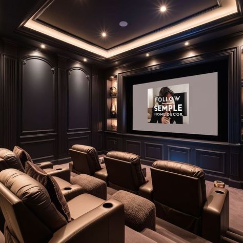 Movie Theater Seating Ideas, Elegant Home Theater, Movie Room Cabinets, Theatre Rooms Home, Classy Movie Theater Room, Dark Home Theatre Room, Media Room Lighting Ideas, Dark Green Cinema Room, Home Theater Recliners