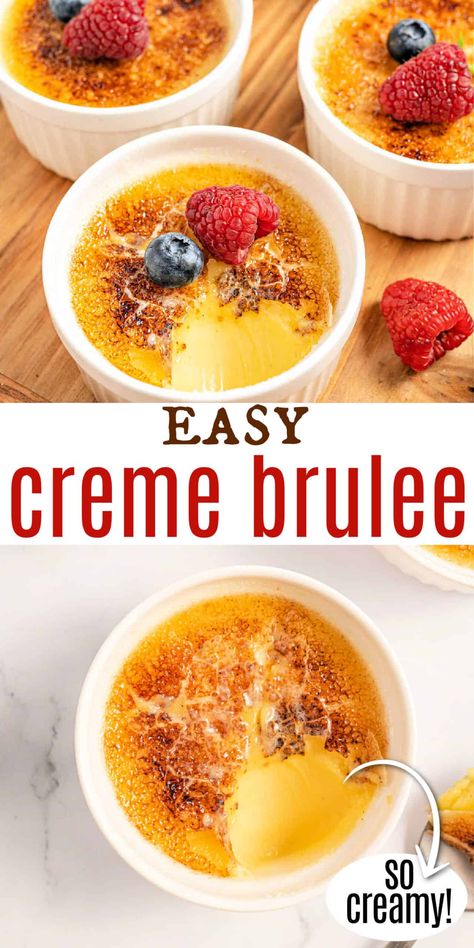 Rich and elegant, Creme Brulee is a crowd-pleasing dessert. A crunchy caramelized sugar topping with a silky vanilla custard and only 6 ingredients. Rice Pudding Creme Brulee, Single Serve Creme Brulee, Quick Creme Brulee Recipe, Creme Brulee Bread Pudding, Creme Brulee For A Crowd, Creme Brulee Recipes, How To Make Creme Brulee, Fruit Creme Brulee, Crem Brulee