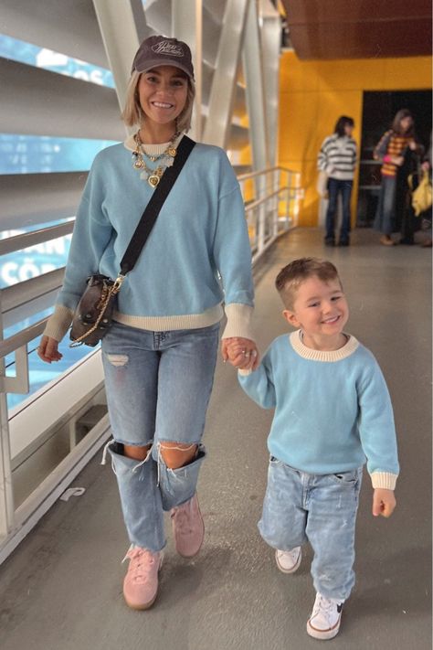 Want to rock some cute mom-and-son matching looks on your next family trip? Whether you’re traveling to Europe or Disney, don’t miss out on these adorable and comfy outfits! This sweater, jeans, and sneakers combo is perfect for all your adventures together. Would be great for a mom and son photoshoot too. Follow me for more outfit ideas! Hunter Premo. Mommy and Me Outfits: Travel Edition Mom And Son Coordinating Outfits, Mommy And Me Boy Outfits, Mom And Boy Matching Outfits, Mom And Baby Boy Matching Outfits, Mom And Son Outfits For Pictures, Mom Son Outfits, Mom And Boys Photoshoot, Boy Mom Outfits, Mommy And Me Outfits Boy