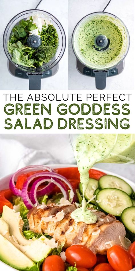 If you like herby, creamy dressing, this Green Goddess recipe is PERFECT for you! This greek yogurt dressing recipe is incredibly flavorful with tons of fresh herbs like cilantro, basil, dill, and chives. It's perfect on a salad with chicken, works great as a dip for veggies, and will stay fresh all week in the fridge for lunches! Greek Goddess Dressing Recipe, Greek Goddess Salad Dressing, Green Dressing For Salad, Green Goddess Dressing Recipe Healthy, Fresh Herb Salad Dressing, Recipes With Dill Herb, Green Goodness Salad Dressing, Recipes With Fresh Dill, Dill Salad Dressing Recipe