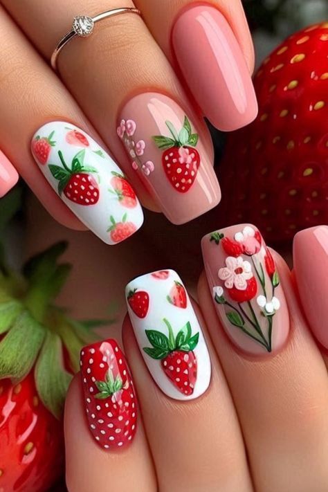 Picnic Nails Design, Strawberry Summer Nails, Strawberry Lemonade Nails, Chihuahua Nails, Girly Summer Nails, Summery Nails 2024, Strawberry Acrylic Nails, Strawberry Nails Acrylic, Strawberry Nails Designs