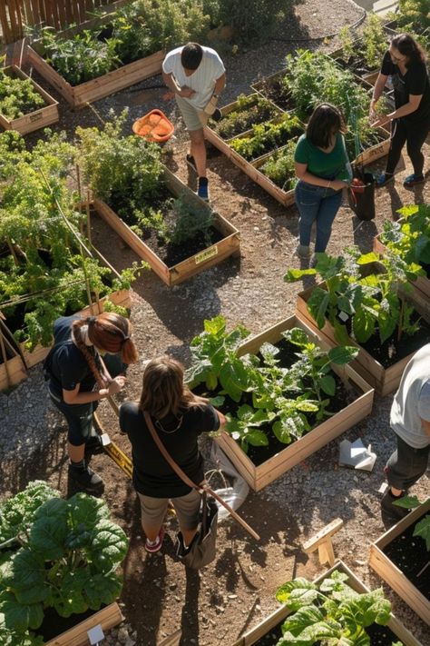 Community Center Aesthetic, Vision Board Community, Community Garden Aesthetic, Eco Neighborhood, Eco City Concept, Community Service Aesthetic, Community Garden Ideas, Community Allotment, Homestead Community