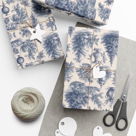 Classic vintage chic holiday wrapping paper Luxury Christmas Wrapping Paper, Gift Packaging Design, Classic Christmas Gifts, Holidays 2023, Vintage Christmas Wrapping Paper, Blue Wrapping Paper, Elegant Gift Wrapping, Holiday Wrapping, French Toile