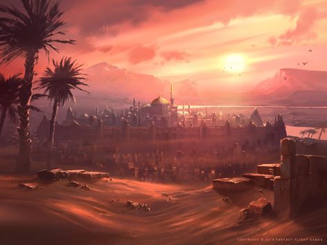 ArtStation - Desert Sunset, Nele Diel Desert Aesthetic, Deserts Of The World, Sunset City, Desert Art, Desert Sunset, Fantasy City, Fantasy Places, Fantasy Art Landscapes, Fantasy Artist