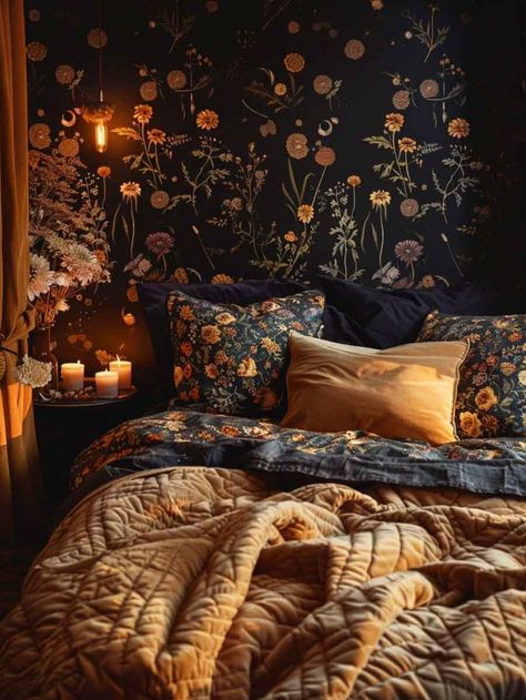 Cottagecore Bedroom & Bedding (Best from Instagram + Exclusive Ideas and Where to Shop) - The Mood Guide Black Floral Bedroom Ideas, Dark Cottagecore House Bedroom, Dark Cottagecore Living Room Ideas, Cozy Bedroom Dark Walls, Moody Whimsical Bedroom, Dreamy Bedrooms Romantic Cozy, Dark Cottagecore Home Decor, Moody Cottagecore Aesthetic, Practical Magic Bedroom Aesthetic