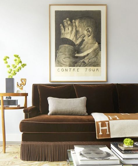 This sofa is amazing  | MyDomaine Brown Velvet Sofa, Salons Cottage, Brown And Cream Living Room, Dark Brown Couch Living Room, Dark Brown Couch, Brown Walls Living Room, Dark Brown Sofas, Brown Sofa Living Room, Brown Living Room Decor