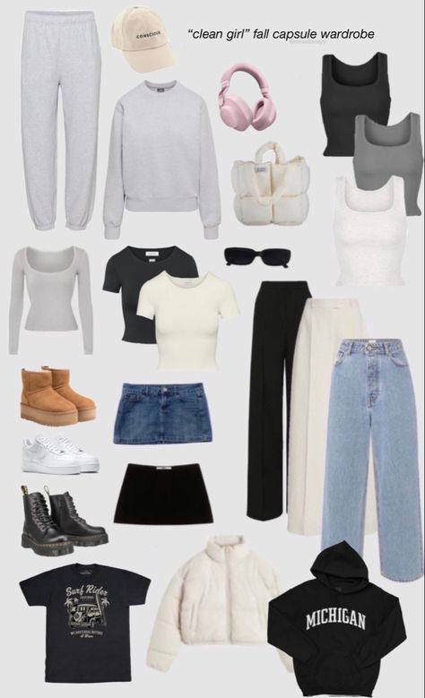 Fall Outfits Clean Girl Aesthetic, Clean Girl Aesthetic Christmas List, It Girl Capsule Wardrobe, Clean Girl Fancy Outfit, College Essentials Outfits, Clean Girl Outfit Inspo Winter, Thatgirl Aesthetic Outfits, Clean Capsule Wardrobe, Clean Girl Essentials List