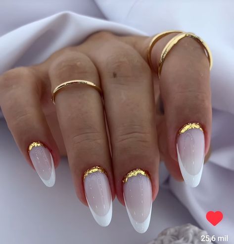 White Gold Tip Nails, White Nails With Gold Gems, White Nails Gold Tips, Baptism Nails Ideas, White Nails With Gold Tips, White With Gold Nails, White And Gold Nails Simple, White Nails With Gold Design, Gold And White Nail Designs