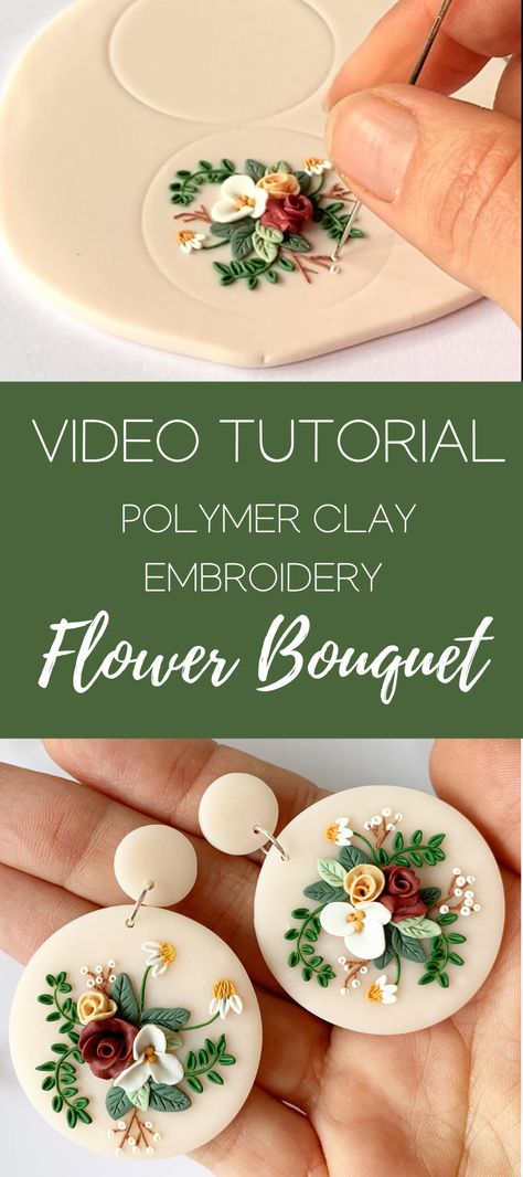 VIDEO: Flower Bouquet Earrings| Polymer Clay Embroidery Free Tutorial - My Vian Making Flowers With Polymer Clay, Polymer Clay Tiny Flowers Tutorial, How To Make Clay Flowers For Earrings, Polymer Clay Embroidery Earrings, How To Make Small Polymer Clay Flowers, Polymer Clay Mini Flowers Tutorial, Polymer Clay Floral Tutorial, How To Polymer Clay Tutorials, Flowers Clay Tutorial