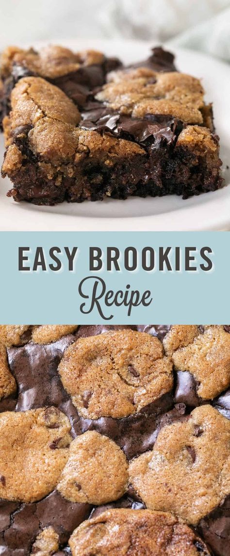 Brookies are the best of both worlds - cookies and brownies combined into one delicious dessert! This easy brookie recipe is perfect for any occasion. Whether you're serving a crowd or just want to indulge in sweet treats, these brookies will hit the spot! A warm, gooey chocolate brownie baked with a classic chocolate chip cookie! Truly the ultimate treat! #brookies #brownies #brookie Brookie Bars Recipe Easy, Crockpot Chocolate Chip Cookie Brownie, Gooey Desserts Easy, Pioneer Woman Brookies, Brookie Crockpot Dessert, Crockpot Brookies, Brownies And Cookies Together, How To Make Brookies, Easy Brookie Recipe