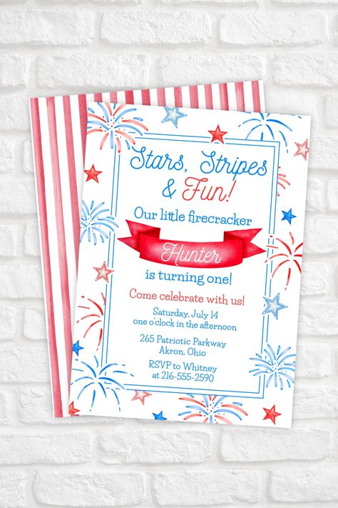 4th Of July First Birthday Girl, 4th Of July 1st Birthday Party Girl, Kids Party Ideas Themes, 4th Of July First Birthday, Parties Themes, Fireworks Design, Parties Ideas, Template Birthday, Kid Parties