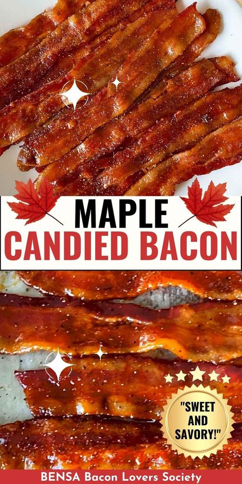 You'll love this tasty Maple Candied Bacon recipe! It's the perfect balance of sweet, savory, and spicy. Just brush thick bacon slices with a delectable brown sugar maple syrup glaze and bake in the oven for an irresistible treat. #maplebacon Maple Candied Bacon Recipe, Unique Bacon Recipes, Bacon With Brown Sugar, Maple Candied Bacon, Maple Bacon Recipes, Easy Bacon Recipes, Candied Bacon Recipe, Maple Syrup Glaze, Pig Candy