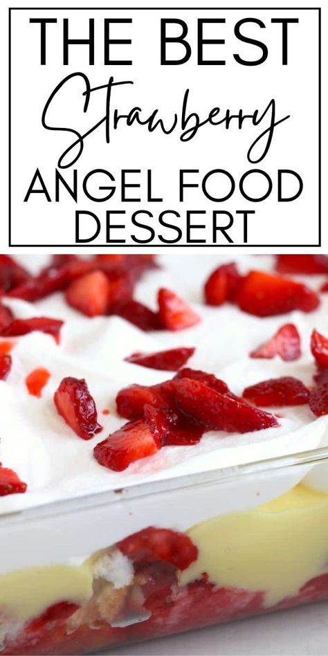 Closeup shot of strawberry angel food pudding dessert in baking dish. Strawberry Angel Food Dessert, Triffle Recipe, Angel Food Trifle, Angel Food Cake Trifle, Strawberry Angel Food Cake, Angel Food Cake Desserts, Easy Strawberry Desserts, Angel Food Cake Mix Recipes, Lemon Dessert