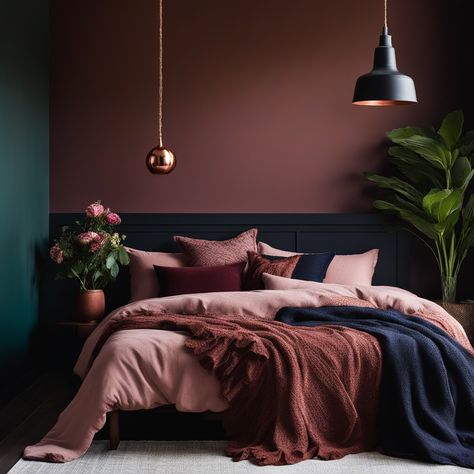 🌑🛌 Get lost in this moody romantic bedroom with its deep hues and subtle luxury. Matte black walls and plush pink linens create a cozy yet sophisticated vibe. Copper accents & a pop of floral colors bring warmth. Perfect for those who love a dark, elegant bedroom escape! 🌺✨💤 #BedroomGoals #MoodyRomantic #DarkElegance #odastudioAI #odaAIstudio #odastudio  #bedroomdecor #bedroomideas #bedroomstyle #masterbedroom #cozybedroom #bedroomdesign #beddingideas #bedroominspiration #modernbedroom #bedroomfurniture  #darkfemininebedroom #moodybedroom #moodyromanticbedroom #darkfeminineroom #darkcozybedroomideasromantic #elegantbedroom  odastudioai Oda AI studio Dark And Colorful Bedroom, Mauve Moody Bedroom, Mauve Blue Bedroom, Deep Pink Bedroom Walls, Bedroom Mauve Walls, Cozy Bedroom No Windows, Deep Pink Room, Dark Dusty Pink Bedroom, Mauve Bedroom Aesthetic