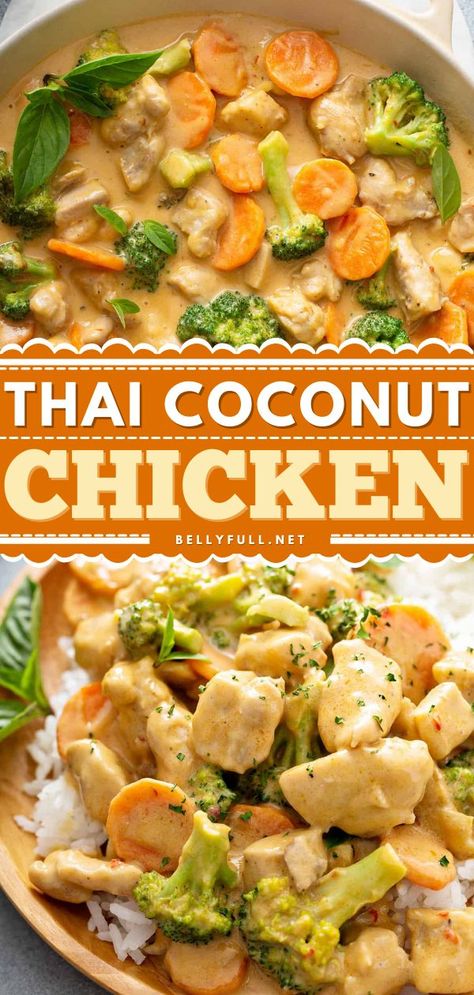 Thai Coconut Chicken, chicken recipes, family dinner ideas Tai Food Recipes, Thai Chicken Stir Fry, Coconut Chicken Recipe, Coconut Milk Sauce, Pasta Food Recipes, Thai Coconut Chicken, Recipes Chili, Pizza Sandwich, Coconut Milk Recipes