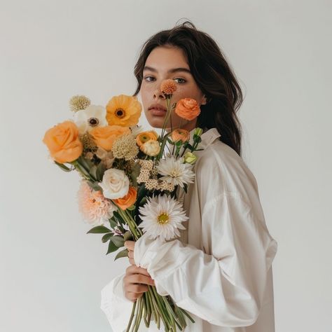 Bunch of flowers woman photography asteraceae. | free image by rawpixel.com / Boom Girl Photoshooting Ideas With Flower, Female Portrait With Flowers, Studio Portraits With Flowers, Free People Photography, Plant Portrait Photography, Flower Arrangement Photoshoot, Photoshoot Flower Ideas, Studio Photoshoot With Flowers, Flower Editorial Photography