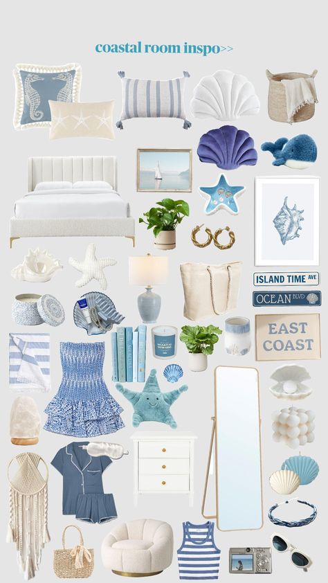 Coastal room inspo>> 🌊🧿🐚 Where To Get Room Decor, Coastal Granddaughter Bedroom Decor, Blue Beachy Room Aesthetic, Blue Beach Room, Coastal Granddaughter Room Decor, Costal Room Ideas, Blue Room Decor Ideas, Coastal Room Ideas, Coastal Grandma Bedroom