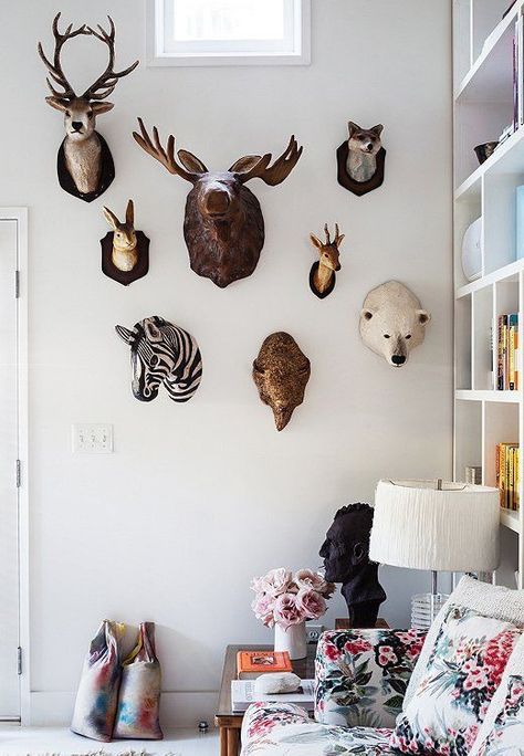 Faux animal heads ~ETS #animslheads Animal Heads On Wall, Animal Head Decor, Faux Animal Head, Animal Head Wall, Cool Kids Bedrooms, Patterned Chair, Bohemian House, Animal Head, Large Pillows