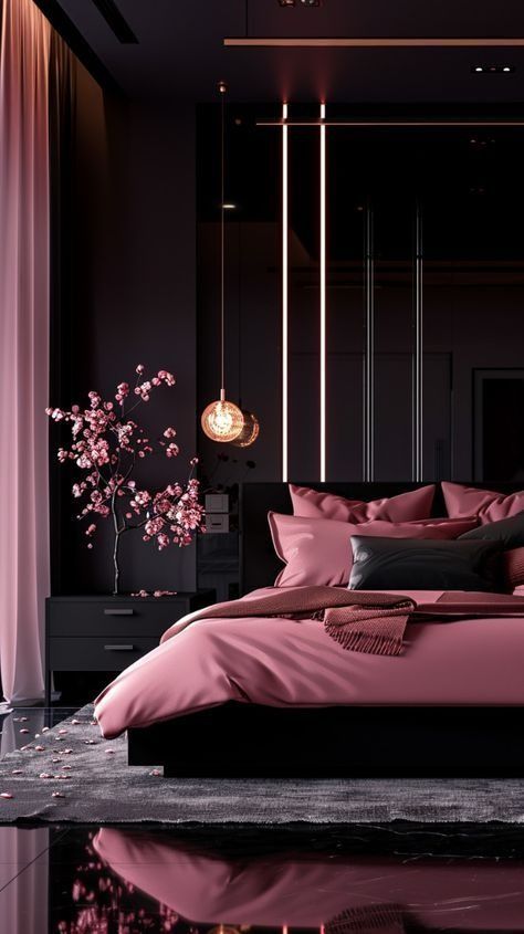 Plum Bedroom, Black Room Aesthetic, Bedroom Colour, Purple Bedrooms, Cozy Fall Bedroom, Cama King Size, Dark Bedroom, Bedroom Organization, Gold Bedroom