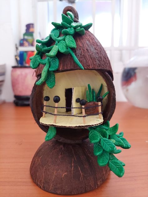 Coconut shell craft Craft From Coconut Shell, Art From Coconut Shell, Art With Coconut Shell, Crafts With Coconut Shells, Art On Coconut Shell, Coconut Crafts For Kids, Coconut Shell Crafts For Kids, Coconut Art Crafts, Craft With Coconut Shell