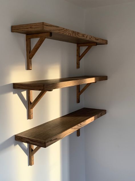 3 shelves on brackets Large Wooden Shelf, Wooden Hanging Shelves, Wood Working Shelf, Wooden Shelf Decor Bedroom, White And Dark Wood Furniture, Woodworking Projects Shelves, Wall Bedroom Shelves, Wooden Wall Rack Shelves, Wooden Shelves For Bedroom