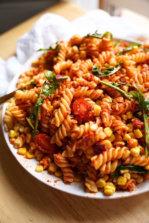 Sun-dried Tomato Pesto Pasta Salad Tomato Pesto Pasta Salad, Tomato Pesto Pasta, Sundried Tomato Pasta, Charred Corn, Spiral Pasta, Red Pesto, Pesto Pasta Salad, Chickpea Pasta, Tomato Pesto