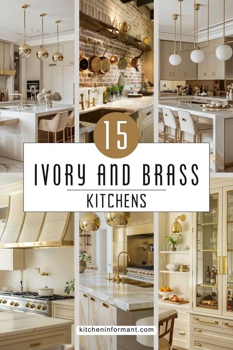 Ivory and Brass Kitchens: A Blend of Elegance and Modernity Champagne Kitchen Decor, Mixed Metals Kitchen, White And Brass Kitchen, Ivory Kitchen Cabinets, Modern Gold Kitchen, Groovy Interiors, Ivory Cabinets, Sophisticated Home Decor, Brass Kitchen Hardware