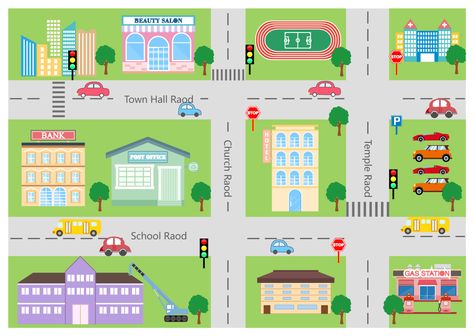 Cartoon City Map How To Draw A City Map, Drawing Neighborhood, How To Draw A City On A Map, Community Map Drawing, Giving Directions Map, Town Map Drawing, Town Cartoon, Map Cartoon, Community Map