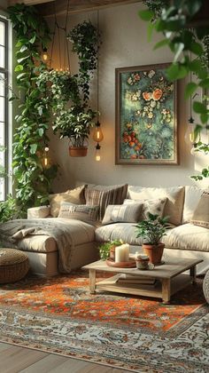 Earthy Comfy Living Room, Romantic Living Room Decor Cozy, Planted Living Room, Styling Plants Living Rooms, Soft Boho Living Room, Garden Inspired Living Room, Cozy Green Living Room Ideas, Boho Earthy Living Room, Cozy Plant Living Room